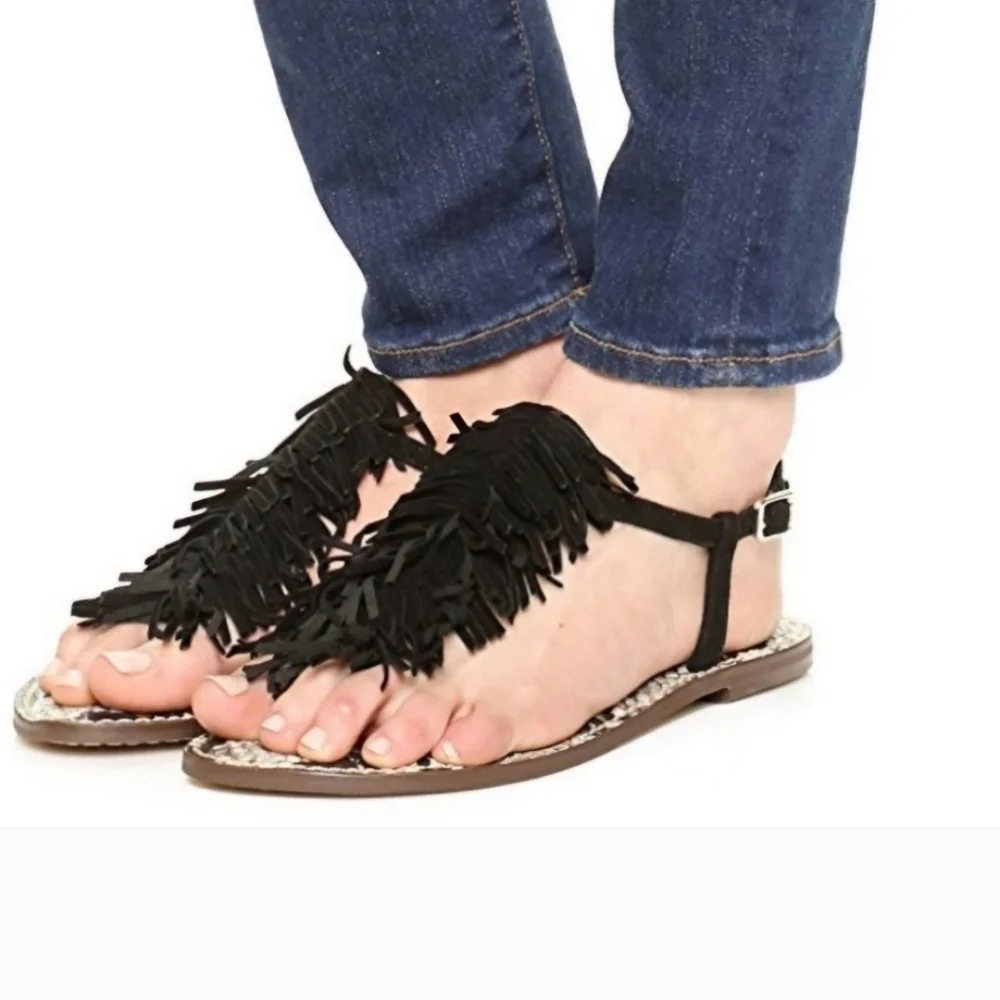 Sam Edelman Women Fringe Gela T Strap Thong Flats Sandals Shoes Sz 9.5